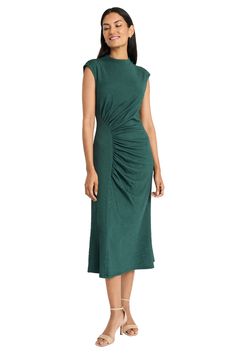 Sophisticated elegance is Gayle, a midi dress that redefines modern femininity. The high neckline and cap sleeves offer a polished look, while the strategically placed ruching creates a flattering silhouette. Perfect for impressing at important business meetings, delivering keynote speeches, or transitioning seamlessly to upscale dinner engagements where you need to command attention with grace. Green Midi Dress With Fitted Bodice And Short Sleeve, Formal Midi Dress With Gathered Neckline, Formal High Neck Ruched Midi Dress, Elegant Short Sleeve Midi Dress With Ruched Bodice, Green Ruched Midi Dress, Sheath Midi Dress With Ruched Fitted Bodice, Green Midi Dress With Ruched Bodice For Evening, Green Ruched Bodice Midi Dress For Evening, Green Midi Dress With Ruched Fitted Bodice