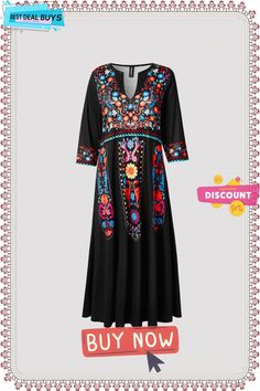 Women Boho Ethnic Three Quarter Sleeve V Neck Dress Multicolor Printed V-neck Boho Dress, V-neck Rayon Boho Print Dress, Black V-neck Maxi Dress With Boho Print, Black Boho Print V-neck Dress, Multicolor Floral Print V-neck Boho Dress, Quarter Sleeve, Three Quarter Sleeves, V Neck Dress, Three Quarter