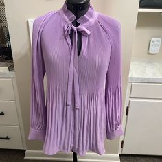 Icy Purple Ladies Peasant Accordian Pleated Top. Chic Purple Cotton Blouse, Fitted Collared Purple Blouse, Collared Purple Blouse With Button Closure, Elegant Semi-stitched Purple Blouse, Casual Purple Blouse With 3/4 Sleeves, Purple Lady, Pleated Top, Pleat Top, Pleated Blouse