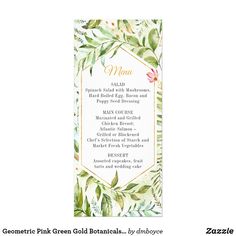 a menu card with watercolor leaves and flowers