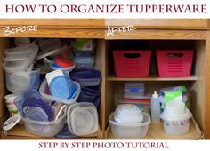 an open cabinet filled with plastic containers and other storage bins on top of it