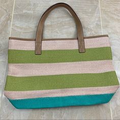 - New Without Tags! - Brown And Green Colored Striped With A Turquoise Bottom - Super Spacious - Extra Pockets In The Inside - Perfect For Traveling, Going To The Beach, Diaper Bag, Etc. - Strap Drop: 8” - Measurements: 18" X 12" X 5” Bundles Are Welcomed Going To The Beach, Brown And Green, Straw Tote, Vacation Beach, Beach Tote Bags, Beach Tote, Large Tote Bag, Women Accessories Bags, Large Tote