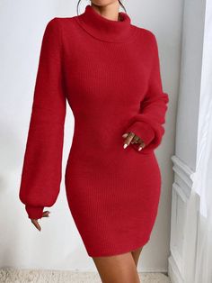 Rojo Elegante Collar manga larga Lana Peinada Liso  Embellished Elástico Ligero Fall Sweater Dress, Dress For Fall, Red Sweater Dress, Sweater Maxi Dress, Elegant Sweater, Women Sweaters Winter, Turtleneck Long Sleeve, Sweater Dress Women, Red Sweater