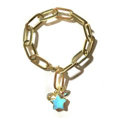 Chunky Italian link chain Bracelet with a turquoise gold electroplated star pendant, a tiny crystal moon and evil eye charms. So pretty to have a little bit of a turquoise sparkle on your wrist. Bracelet is adjustable Custom sizes available Made with love in Los Angeles Complimentary gift wrapping provided All sales final. Celestial Charm Bracelet With Star Charm As Gift, Celestial Star Charm Bracelet Gift, Star Eyes, Crystal Moon, Moon Bracelet, Wrist Bracelet, Handcrafted Bracelets, Evil Eye Charm, Blue Star