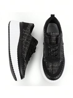 Womens Platform Sneakers Lace Up Comfortable Casual Fashion Sneaker Walking Shoes Black Sporty   Fabric Plaid    Women Shoes, size features are:Bust: ,Length: ,Sleeve Length: Trendy Fall Sneakers With Textured Sole, Trendy Black Platform Sneakers With Flat Heel, Black Trendy Platform Sneakers With Flat Heel, Black Fabric Sneakers With Rubber Sole, Trendy Fabric Sneakers With Round Toe, Black Synthetic Platform Sneakers For Spring, Trendy Round Toe Fabric Sneakers, Trendy Round Toe Sneakers, Black Sneakers With Textured Upper And Round Toe