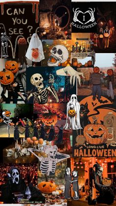 halloween collage with pumpkins and skeletons