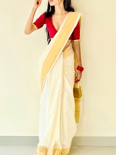 Set Saree Ideas, South Indian Saree Style, Set Saree Poses, Onam Saree Styling, Kerala Saree Draping Styles, Onam Blouse Ideas, Onam Saree Aesthetic, Onam Poses In Saree, South Indian Outfits For Women