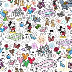 an image of mickey mouses and other disney characters on a white background with lots of color