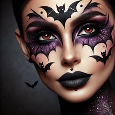 Dramatic Halloween Makeup, Halloween Makeup Gothic, Halloween Bat Makeup Ideas, Halloween Theme Makeup, Bat Makeup Women, Cool Halloween Makeup Creative, Freakshow Makeup, Halloween Makeup 2024, Rhinestone Halloween Makeup