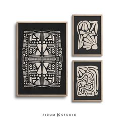 three black and white artwork pieces hanging on a wall with the words frum studio above them