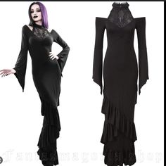 Killstar Dollskill Forever Fades Black Gothic Gown Bell Sleeves Small. This Dress Is New And Has Never Been Worn. This Is The Dress I Got Married In, Well In A Size 2x, I Lost A Boatload Of Weight And Re Purchased In My New Size. I Have Never Worn This And It’s Been In A Plastic Tub Since 2017. They Don’t Sell It Anymore. It’s So Gorgeous In Person. I Have Measurements In Photos. It’s Slightly Stretchy. No Flaws. I’m Ready To Let It Go. Gothic Black Fitted Evening Dress, Fitted Gothic Black Evening Dress, Fitted Black Gothic Evening Dress, Gothic Evening Ball Gown, Elegant Black Halloween Gown, Elegant Black Gown For Halloween, Gothic Fitted Maxi Dress, Fitted Black Gown For Halloween, Black Maxi Gown With Ruffles