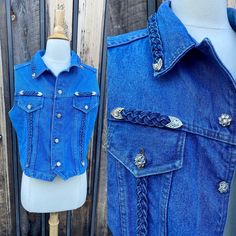 "Vintage 1990s blue denim ladies vest by L.A. Watch.  Denim vest buttons up the front with silvertone metal & faux crystal bling buttons.  Fantastic blue denim braid trim with more silver & crystal embellishment on front & mid back.  So cute to be worn either over a top or by itself with some denim jeans, shorts or a cute western style skirt.  Very good vintage condition.  Made in USA of 100% cotton.  Women's size Large runs a little small so please refer to further measurements: Shoulder to hem Blue Jean Vest, Ladies Vest, Womens Waistcoat, Bling Wedding, White Chiffon, Style Skirt, Vest Outfits, Silver Crystal, Blue Paisley