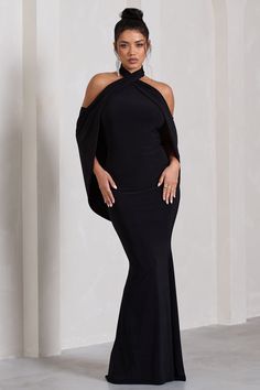 With multiple elevated details that bring the drama. Revelation is the perfect option for your next black tie event. Featuring an elegant crossed halter-neck. this black maxi dress is characterised by its open-back which flows into a captivating cape detail. Features - Premium stretch jersey- Crossed halter neckline - Open back- Sleeveless - Cape detail- Fishtail skirt- Maxi length Sizing & Fit Model is 5'8 and wears UK size 8 / US size 4 Product Information Designed exclusively by Club L London Dress With Cape, Fishtail Maxi Dress, Velvet Prom Dress, Black Dress Prom, Fishtail Skirt, Black Tie Gala, Party Dress Long Sleeve, Bridesmaid Outfit, Black Sequin Dress