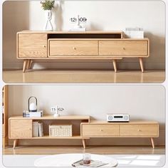 two pictures of the same sideboard in different stages of being used as a coffee table