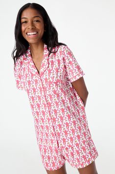 We love love love our matching top and bottom polo-style pajama sets! The cozy 100% Premium Cotton will make you happy that this pajamas-out-to-brunch trend is still happening. 4 Buttons Breast Pocket Elastic Waist Materials and Care 100% Premium Cotton Cold Wash, with like colors. Do not bleach Tumble dry low (Line dry recommended). Warm iron if needed Imported Measurement Information Model is 5'7.5" and Wears Size Small Size S Length: 25.5" (from Shoulder) Size S Sleeve Length: 7" (from Should Roller Rabbit Pink Monkey Pajamas, Pink Roller Rabbit Pajamas, Roller Rabbit Pjs, Preppy Pjs, Roller Rabbit Pajamas, Pink Pjs, Pink Monkeys, Cute Pjs, Monkey Print