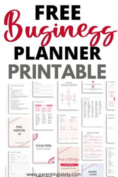 the free business planner printable is shown in red and black with text overlay