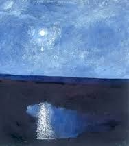 an abstract painting with blue and purple colors, the moon in the sky above water