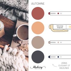 the color scheme for autumn is shown on top of a table with coffee and marshmallows