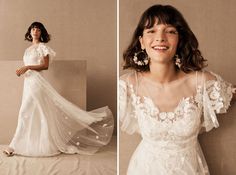 a woman in a wedding dress posing for the camera