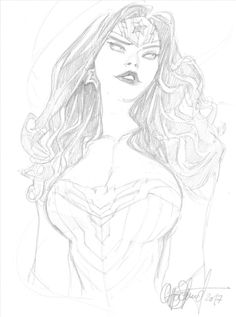 a pencil drawing of a woman with long hair wearing a superman suit and holding a bat