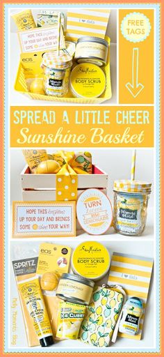 some yellow and white items with the words spread a little cheer sunshine basket