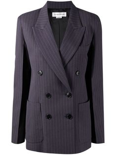 striped double-breasted blazer from VICTORIA BECKHAM featuring navy blue, stripe print, classic lapels, double-breasted button fastening, long sleeves and three side flap pockets. Pinstripe Blazer With Double Button Closure For Fall, Classic Striped Double Breasted Suit For Work, Pinstripe Double Breasted Suit With Notch Lapel For Work, Striped Double-breasted Suits For Office, Pinstripe Blazer With Double Button Closure For Business, Pinstripe Double Breasted Suit For Work, Pinstripe Double Breasted Suit With Long Sleeves For Work, Striped Double Breasted Suit For Work, Striped Double Breasted Suit With Notch Lapel For Office