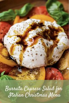 Fresh burrata Caprese salad, a vibrant side dish for your Christmas menu. Burrata Caprese Salad, Burrata Caprese, Italian Side Dishes