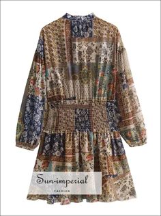 Women’s Lone Sleeve Patchwork Print A-line Mini Dress Sun-Imperial United States Casual Long Sleeve Dress With Floral Patchwork, Fitted Beige Patchwork Dress, Casual Floral Patchwork Dresses For Fall, Fall Casual Dresses With Floral Patchwork, Bohemian Fitted Patchwork Mini Dress, Fitted Floral Patchwork Dress For Fall, Long Sleeve Mixed Print Summer Dress, 90 Shoulder, Imperial Fashion