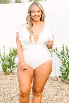 Chic Soul plus size clothing, white one piece swimsuit with a deep v neck and flutter sleeves Elegant V-neck Swimwear For Beach Party, Elegant White V-neck Swimwear, White V-neck Swimwear With Ruffles, Chic White V-neck Swimwear, White V-neck Swimwear For Beach Season, White V-neck Swimwear For Pool, White V-neck Summer Swimwear, Hawaii Swimsuit, Swimsuit White