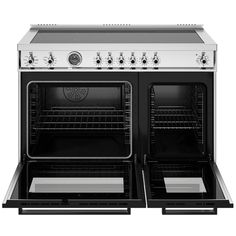 two ovens side by side with one open and the other closed, on white background