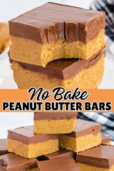 no bake peanut butter bars stacked on top of each other with text overlay