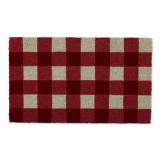 a red and white checkered door mat on a white background with an area rug in the middle