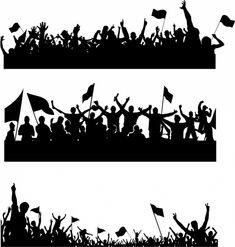 silhouettes of people waving flags at an event