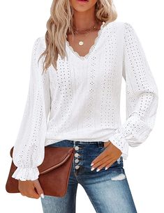 PRICES MAY VARY. A# size：S=US(6-8) ，M=US(10-12) ，L=US(14-16) ，XL=US(18)， 2XL=US（20）. Material:Polyester, super soft and stretch Eyelet designer shirts for women. Design：V neck t shirt with Puff long sleeves, lace trim, loose fit, solid color, Unique Eyelet Design is super cute Unique hollow out top will not see through, but if you have this concern, you can wear a cami or same color bra Match：It's so easy to pair this blouse with jeans, skirts, or shorts for a fantastic fall outfit! Super Stylis Eyelet Fabric, Eyelet Blouse, Pleated Sleeves, Casual Long Sleeve Shirts, Loose Outfit, Flounce Sleeve, White Eyelet, Eyelet Lace, Casual Blouse