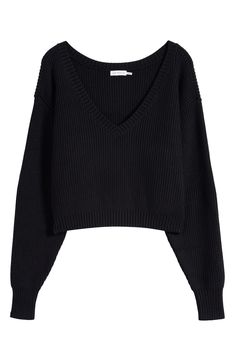 Knit with a deep V-neckline that can easily be worn off the shoulder, this warming ribbed sweater features an on-trend slouchy fit that'll keep you cozy and cute. V-neck Long sleeves Ribbed cuffs and hem 48% viscose, 28% polyester, 24% nylon Dry clean or hand wash, dry flat Imported Black Owned/Founded Trendy V-neck Cropped Sweater For Fall, Spring Ribbed V-neck Cropped Sweater, Chic Fall Cropped V-neck Sweater, Chic V-neck Cropped Sweater For Fall, Oversized V-neck Cropped Knit Sweater, Trendy V-neck Cropped Sweater, V-neck Cropped Sweater With Ribbed Cuffs For Spring, Chic V-neck Sweater With Ribbed Neckline, Black Ribbed Cropped Sweater For Spring