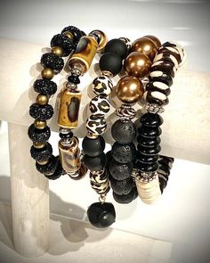 Leopard Beaded, Stackable, Multilayered, Stretch Bracelet. - Etsy Beaded Bracelets Black, Stretch Beaded Bracelets, Stretch Beaded Bracelets Diy, Funky Bracelet, Stacked Beaded Bracelets, Bracelets Black, Bracelets Patterns, Beads Bracelet Design