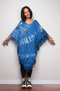 Tie dye top, Hippie poncho top,  A cropped kaftan with fringed hem,  Light sweater poncho or beach cover Casual One Size Poncho With Fringe, Casual One-size Poncho With Fringe, Hippie Poncho With Tassels, Casual Poncho With Tassels For Festivals, Casual Summer Poncho With Fringe, Casual Festival Poncho With Fringe, Oversized Fringe Poncho Casual Style, Oversized Fringe Casual Poncho, Spring Fringe Poncho One Size