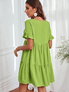 Women's Loose Round Neck Lacework Short Sleeve Dress - Green,L Short Sleeve Summer Dresses, Summer Gathering, European Women, Floral Dress Summer, Short Sleeve Dress, Patterned Shorts, Summer Wardrobe, Types Of Collars, Summer Collection