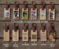 wooden keychains with different pictures on them and leather tags attached to the handles