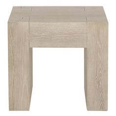 a wooden table with two legs and a square shaped design on the top, against a white background