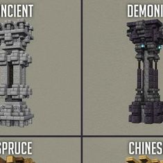 four different types of towers with the words demonic, demon, and chinese written on them