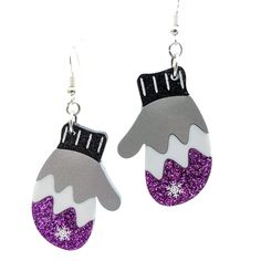 pair of purple and silver glittered mitt earrings with black, white, and gray accents