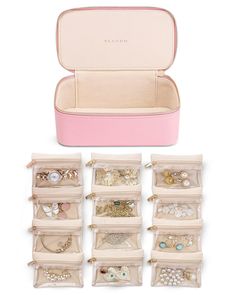 an open pink jewelry case filled with lots of different items