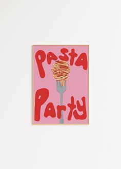 a piece of art that says pasta party on it with a fork sticking out of it