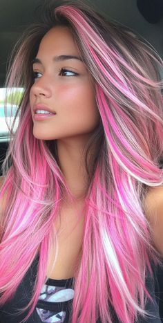 Pink Balayage Highlights, Maroon Blonde Hair, Fun Colored Hair Ideas, Light And Dark Pink Hair, Pink Hair Dye Ideas, Brown Hair Pink Highlights, Brown Hair With Pink Highlights, Fuschia Hair, Highlight Inspiration