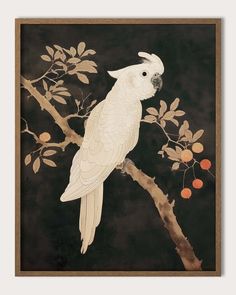 a white bird sitting on top of a tree branch next to an orange and black background