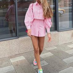 💖🤎🩵 Cropped Outfits, Stylish Crop Top, Two Piece Short Set, Puff Long Sleeves, Crop Top Shirts, Boyfriend Style, Long Sleeve Plaid, Pullover Shirt, Komplette Outfits