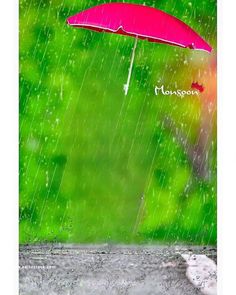 a red umbrella sitting on top of a wet sidewalk in the rain with words written underneath it