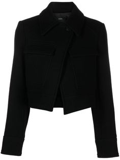 black virgin wool-cashmere blend pointed flat collar concealed front zip fastening front button fastening two chest flap pockets long sleeves cropped Twilight Wardrobe, Black Jacket Women, Pointed Flat Collar, Black Winter Jacket, Black Jumper, Flat Collar, Versace Outfit, Wool Blend Jacket, Summer Beach Wear