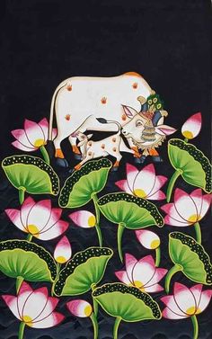 a painting of a cow standing in the middle of pink flowers with leaves around it